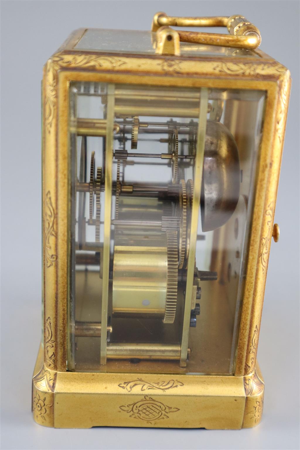 Jules, Paris. A mid 19th French engraved brass eight day striking carriage clock, height 5.5in.